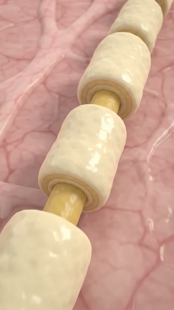 Illustrative nerve and myelin anatomy. The film does not show a specific patient or an inevitable pattern of damage.